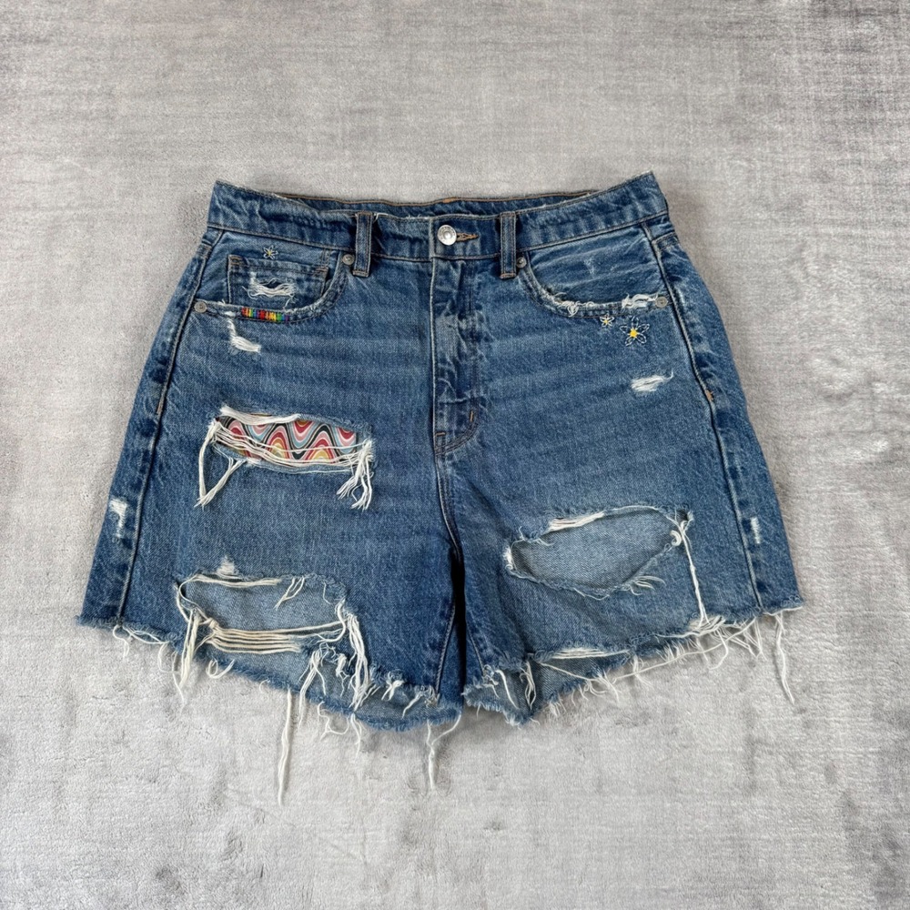 American Eagle Shorts Womens 6 Blue Baggy Distressed Rainbow Embroidered Denim